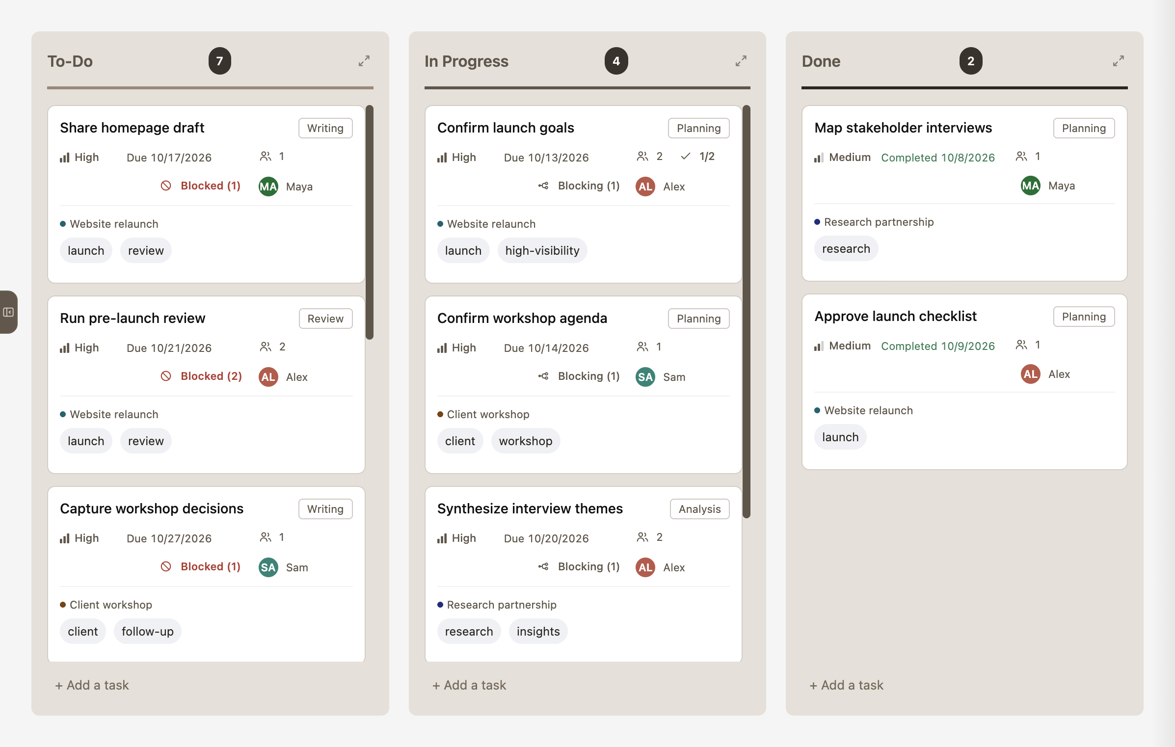 TaskHitch board showing planned, active, and completed work