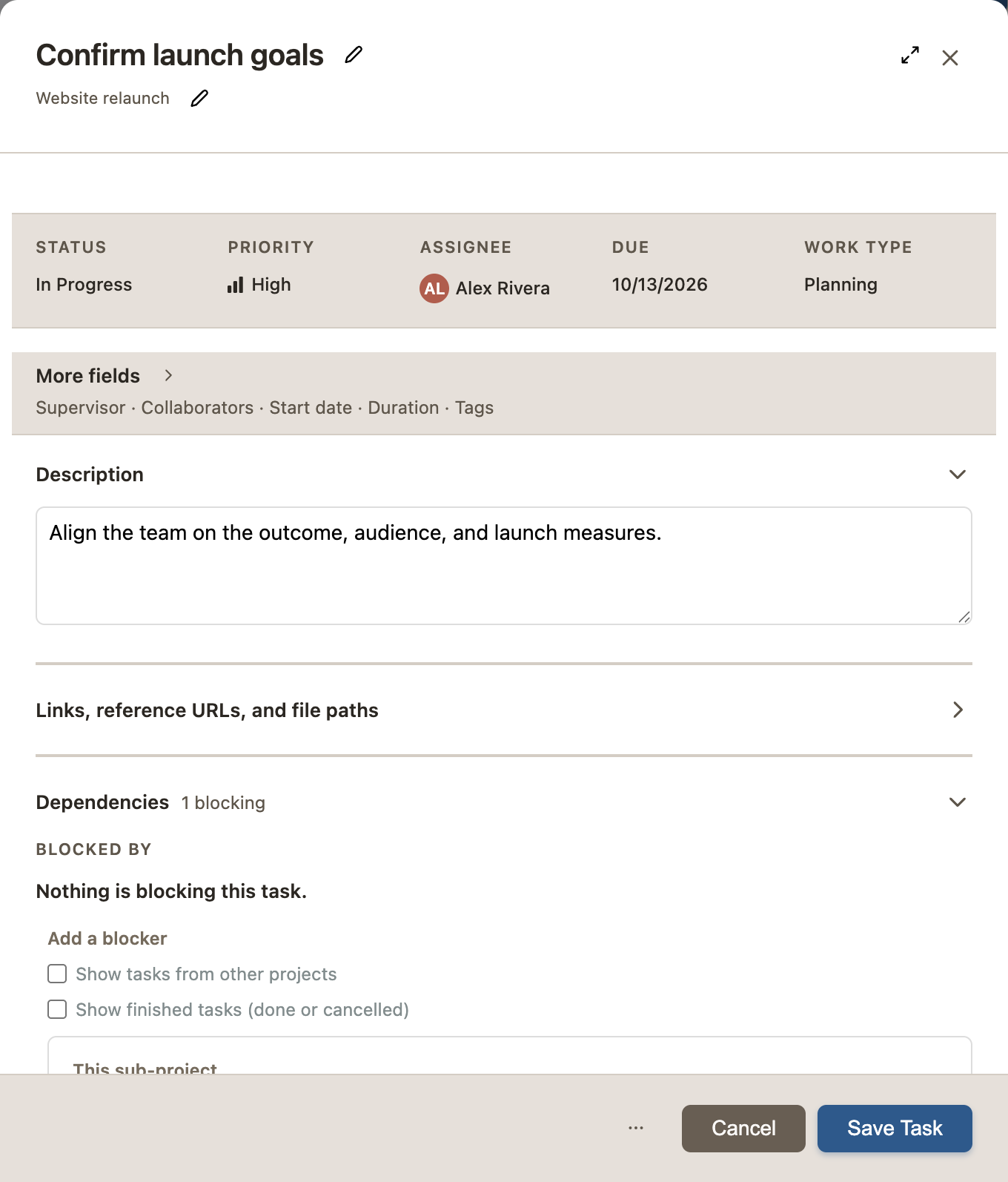 TaskHitch task detail showing context, people, and updates
